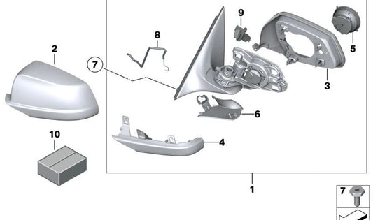 Espelho traseiro externo esquerdo sem aquecimento OEM de vidro 51167283531 para BMW F10, F11, F18. BMW original.