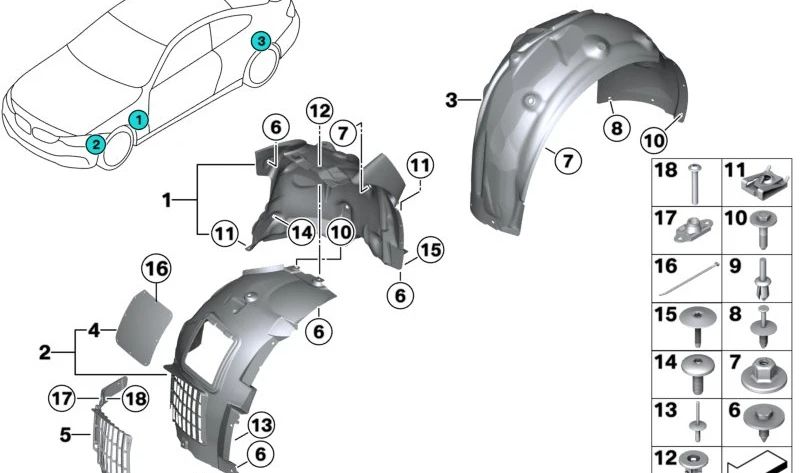 Front left wheel arch cover for BMW F80, F82, F83 (OEM 51718054279). Original BMW.