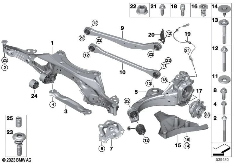 Brazo longitudinal derecho para BMW U11, U12 (OEM 33306894210). Original BMW.