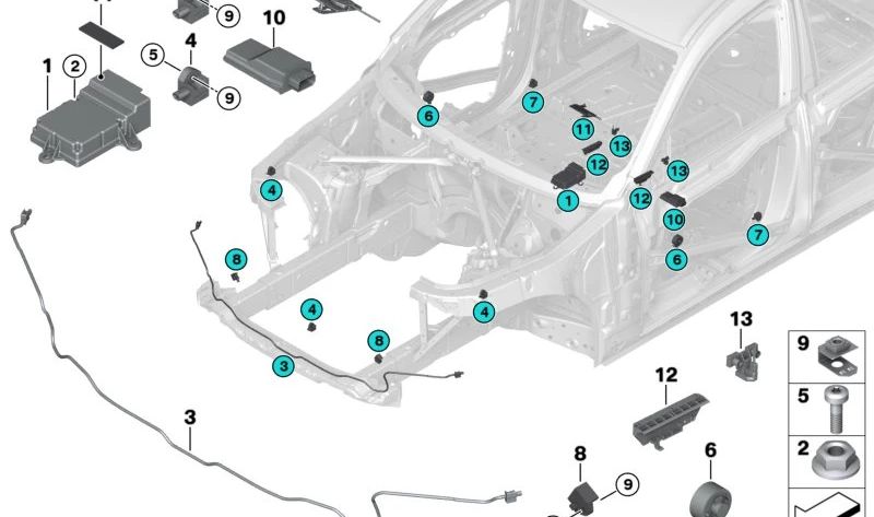 Sensor de aceleración para BMW F40, F44, G20, G21, G28, G80, G22, G23, G82, F90, G30, G31, G38, G32, G11, G12, F91, F92, F93, G14, G15, G16, F97, G01, G08, F98, G02, F95, G05, F96, G06, G07, G29, K52 (OEM 65779341546). Original BMW.