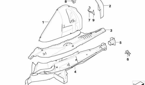 Protector paso de rueda trasero izquierdo OEM 41003449707 para BMW X3 (E83). Original BMW.