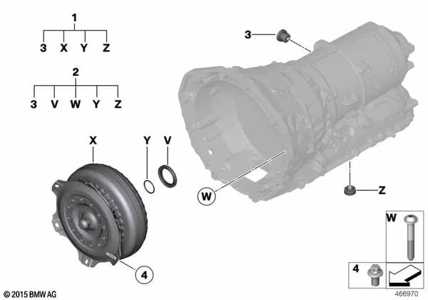 Kit de reparación del convertidor de par para BMW Serie 5 F07, F10, F11, Serie 6 F06, F12, F13, Serie 7 F01N, F02N, G11, G12, X5 E70, F15, X6 E71, F16 (OEM 24405A131F1). Original BMW.