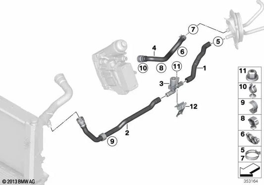 Tubo Válvula de Agua del Radiador para BMW Serie 1 F20, F21, Serie 2 F22, F87N, Serie 3 F30, F31, Serie 4 F32, F33, F36 (OEM 64219208179). Original BMW