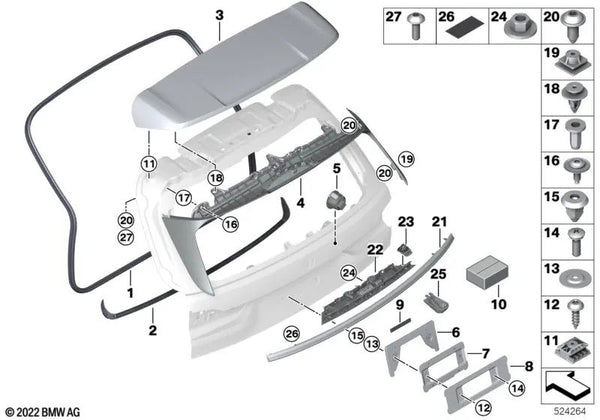 Moldura del portón trasero para BMW G07N (OEM 51137312188). Original BMW.