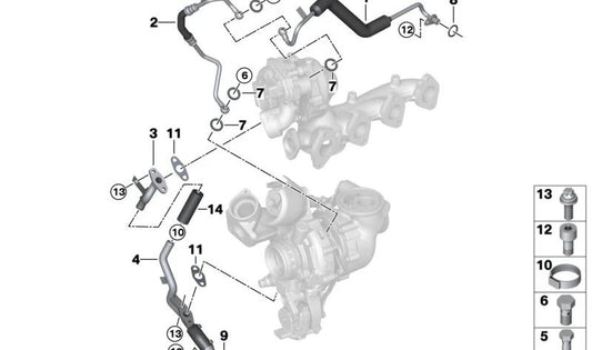 Tubería de Retorno de Aceite del Turboalimentador para BMW G05 (OEM 11428580014). Original BMW.