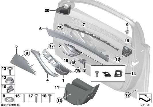 Front left door moulding for BMW 5 Series F10, F11, F18 (OEM 51417225549). Original BMW