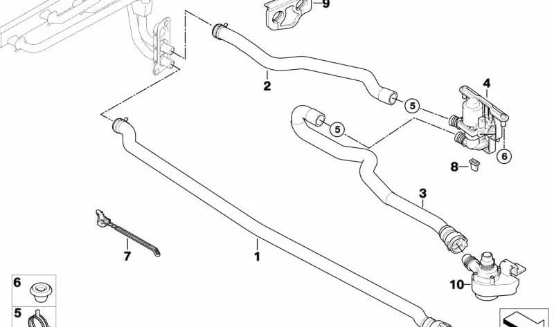 Manguera para Bomba de Agua Suplementaria-Válvula de Agua para BMW E60, E61, E63 (OEM 64216923944). Original BMW