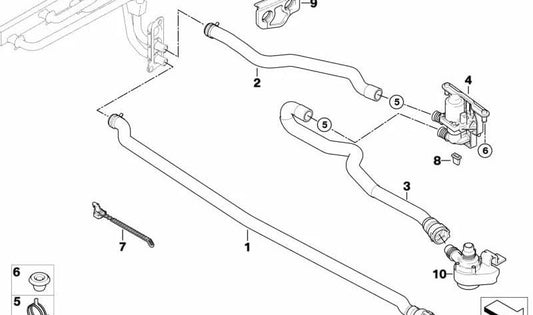 Manguera para Bomba de Agua Suplementaria-Válvula de Agua para BMW E60, E61, E63 (OEM 64216923944). Original BMW