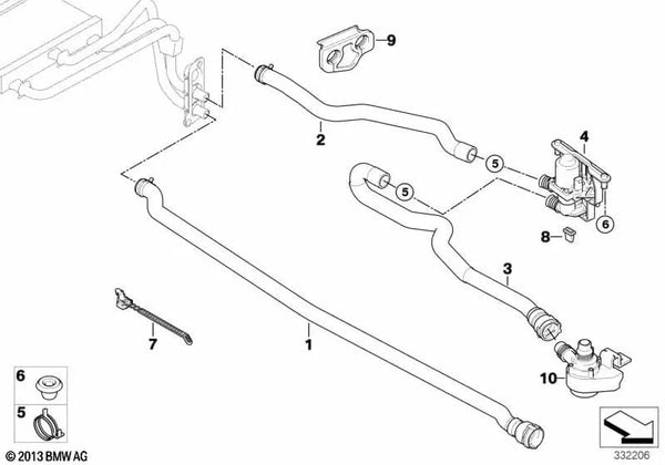 Manguera Válvula de Agua-Radiador para BMW Serie 5 E60, E60N, E61, E61N, Serie 6 E63 (OEM 64216911001). Original BMW