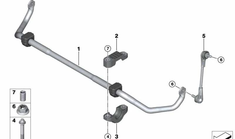 Estabilizador con soporte de goma delantero para BMW Serie 7 G11, G12, Serie 8 G14 (OEM 31306873461). Original BMW