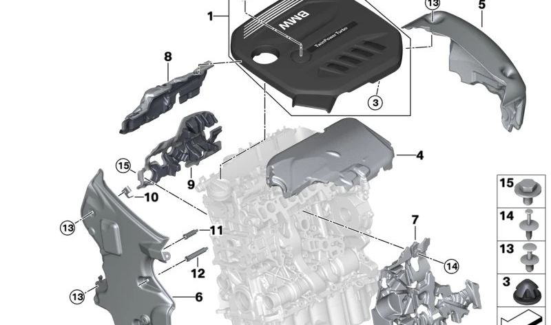 Cubierta de motor OEM 11148514203 para BMW G30, G31, G11, G12. Original BMW.