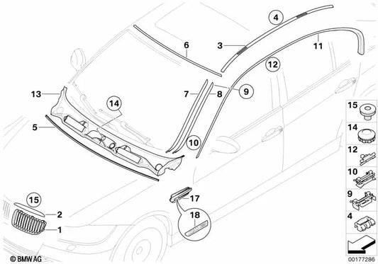 Moldura embellecedor de Goteo lateral Izquierda/Derecha, cristal delantero Imprimada para BMW E90/E91. Original BMW.