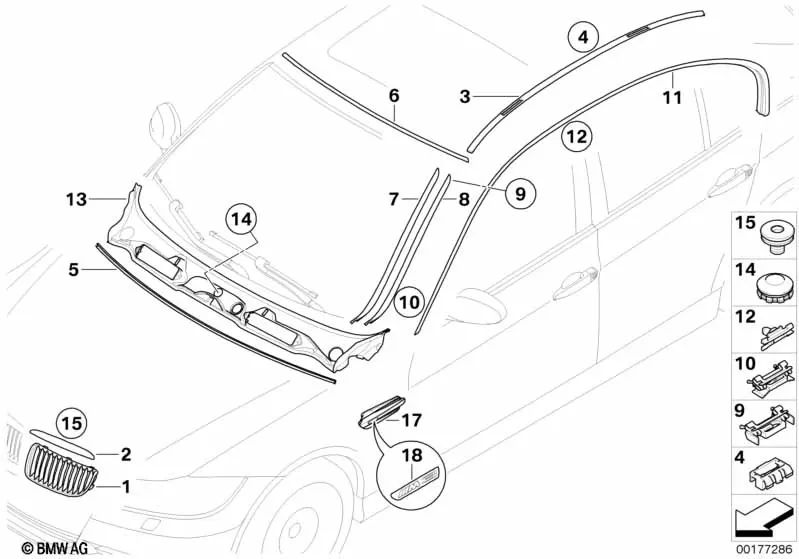 Moldura de techo derecha para BMW Serie 3 E90, E90N (OEM 51137062138). Original BMW