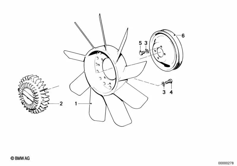 9-blade fan for BMW 3 Series E21, E30 5 Series E12, E28 6 Series E24 7 Series E23 (OEM 11521273086). Genuine BMW.