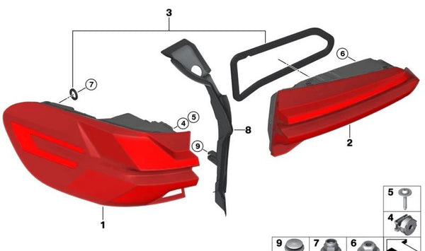 Piloto trasero LED izquierdo OEM 63215A11EC1 para BMW G05, F95. Original BMW.