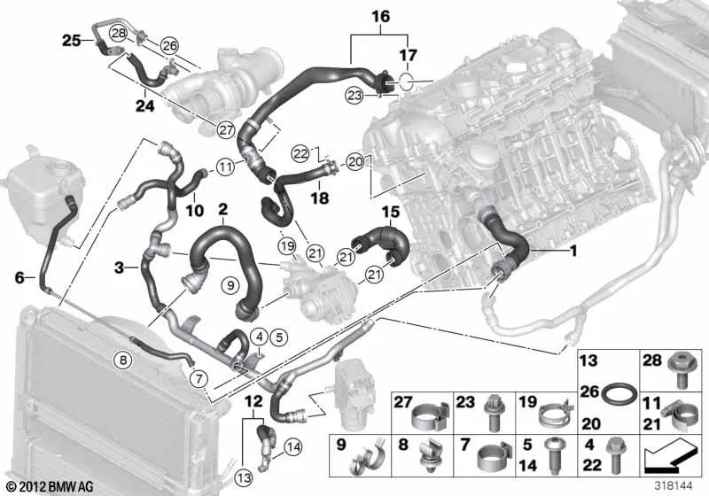 Manguera del termostato de la culata para BMW E82, E88, E90N, E91N, E92N, E93N, E84 (OEM 11537584549). Original BMW.