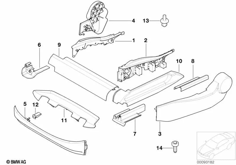 Revestimiento delantero derecho para BMW E60, E60N, E61, E61N, E65, E66 (OEM 52108263144). Original BMW.