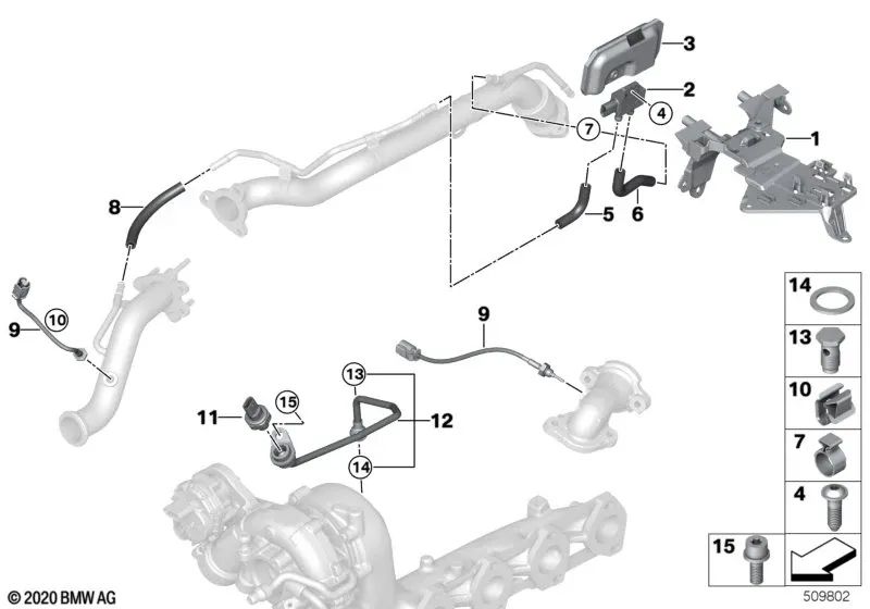 Manguera de forma para BMW G20, G21, G22, G23, G30N, G31N, G32N, G11N, G12N, G14, G15, G16, G01, G02, G05, G06, G07 (OEM 13628599068). Original BMW