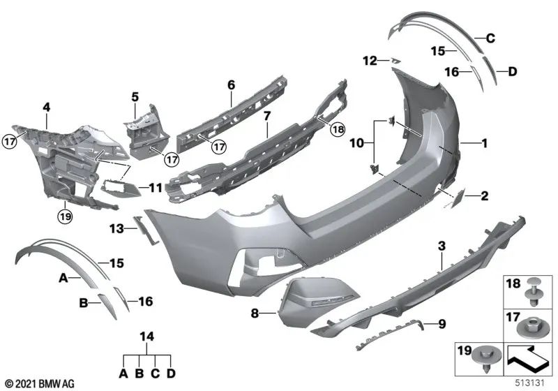 Cubierta del parachoques trasero izquierda para BMW Serie 4 G26 (OEM 51125A1F365). Original BMW