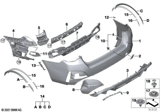 Left rear bumper cover for BMW 4 Series G26 (OEM 51125A1F365). Genuine BMW