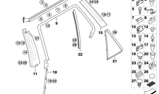 Guía de ventana izquierda OEM 51348402577 para BMW E53 (X5). Original BMW.