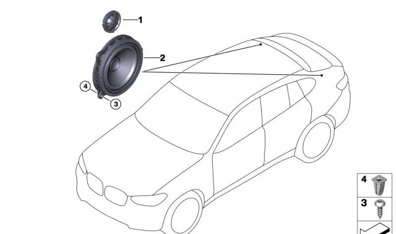 Altavoz agudo OEM 65138713320 para BMW (G02, F98). Sistema de sonido Top Hi-Fi. Original BMW.