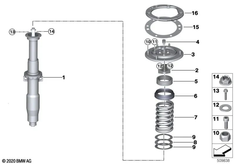 Verstärkung des rechten Stützlagers für BMW 3er F80, F80N, 4er F82, F82N, F83, F83N (OEM 31302361992). Original BMW