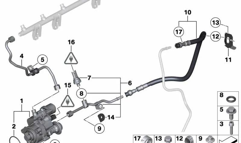 Tubería de alta presión para BMW E82, E88, E90, E91, E92, E93, E60N, E61N, F10, F11, E63N, E64N, F01, F02, E71, E89 (OEM 13537536566). Original BMW