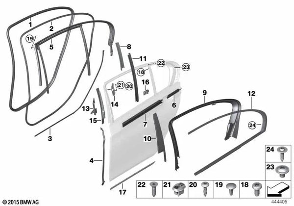 Cubierta del marco de la ventana de la puerta trasera izquierda para BMW G11, G11N (OEM 51427357463). Original BMW.