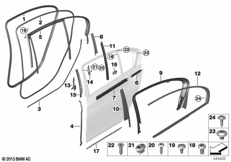 Cubierta guía de ventana derecha para BMW Serie 7 G12, G12N (OEM 51357372948). Original BMW.