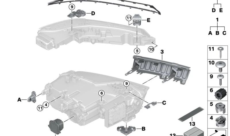 Junta superior derecha para faro OEM 63115A326B6 para BMW G07. Original BMW.