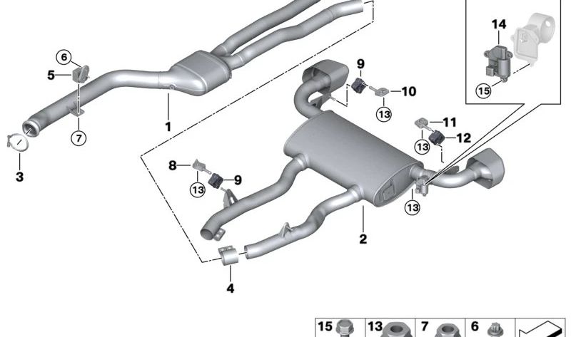 Suporte de exaustão esquerdo do OEM 18308593694 para BMW G01, F97, G02, F98. BMW original.