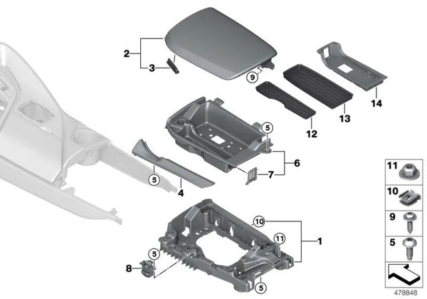 Compartimento de almacenamiento para reposabrazos central para BMW I12, I12N, I15 (OEM 51169284738). Original BMW.