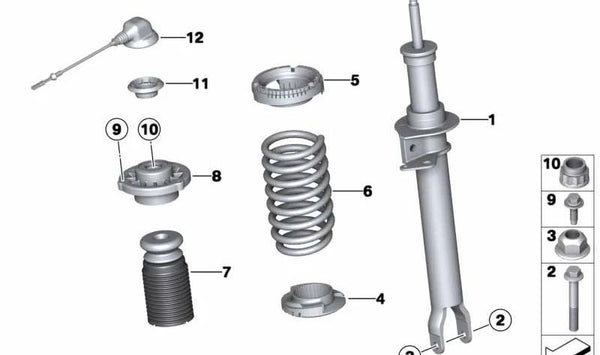 Amortiguador delantero derecho OEM 31317850116 para BMW F10, F06, F12, F13. Original BMW.