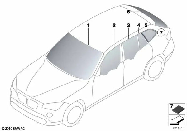 Cristal lateral verde trasero derecho para BMW X1 E84 (OEM 51372993822). Original BMW