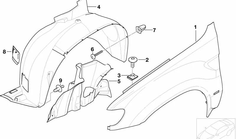 Cubierta del guardabarros delantero derecho para BMW E53 (OEM 51717129444). Original BMW