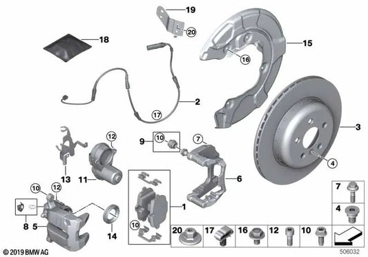 Left brake caliper housing for BMW 2 Series G42, 3 Series G20, G21, G28, 4 Series G22, G23, G26 (OEM 34208836837). Genuine BMW