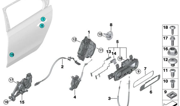 Manilla exterior de puerta trasera izquierda OEM 51215A67B43 para BMW (Modelos compatibles: F20, F21, F22, F23, F30, F31, F32, F33, F34, F36, F80, F82, F83). Original BMW.