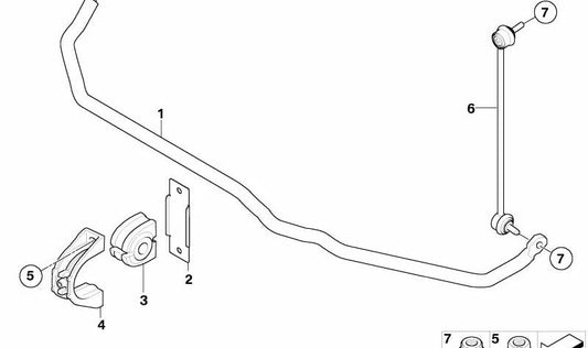 Barra estabilizadora delantera con soportes de goma OEM 31356776643 para BMW E65, E66. Original BMW.