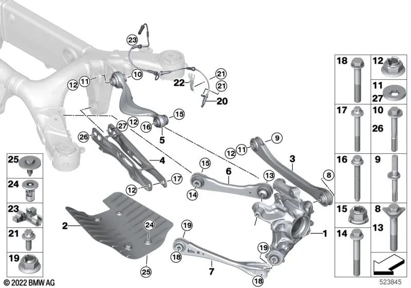 Eje de suspensión con soporte de goma para BMW X3 G01, G01N, X4 G02, G02N (OEM 33306871020). Original BMW