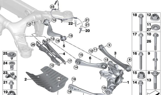 Brazo de control con cojinete de goma derecho para BMW X3 F97, G01, X4 F98, G02 (OEM 33306871012). Original BMW