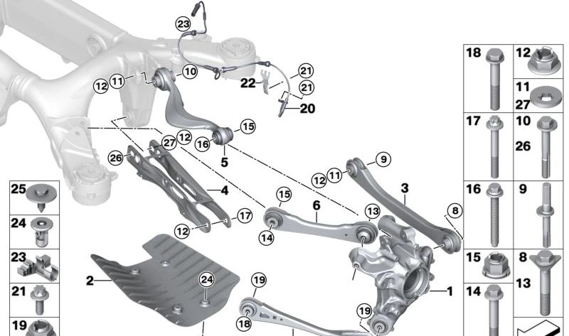 Soporte sensor de velocidad de rueda izquierdo para BMW X3 F97, G01, G08 y X4 F98, G02 (OEM 34526871069). Original BMW.