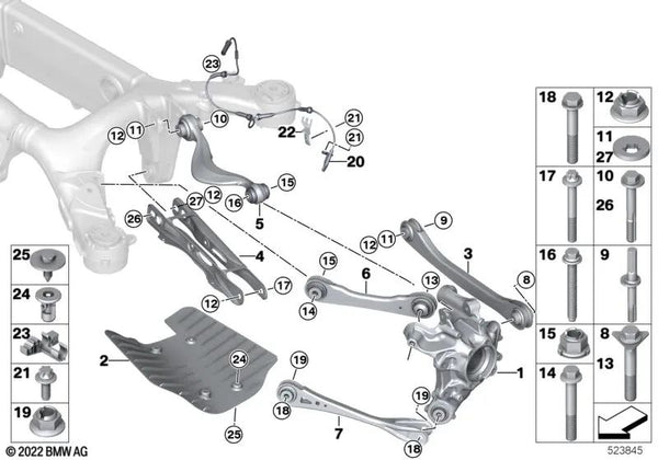 Brazo transversal con soporte de goma izquierdo para BMW X3 F97, G01, X4 F98, G02 (OEM 33306871011). Original BMW