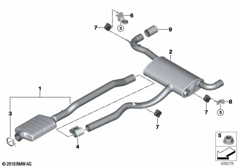 Silenciador trasero para BMW Serie 2 F44, X1 F48, F48N (OEM 18308593647). Original BMW