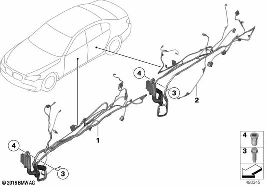 Passenger side door wiring for BMW F01N, F02N (OEM 61129302933). Original BMW.