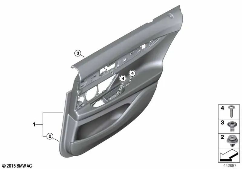 Revestimiento de puerta de cuero trasero izquierdo para BMW G11, G11N (OEM 51427448283). Original BMW.