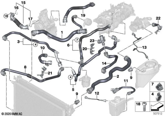 Kühlmittelschlauchhalterung für BMW 5er G30, G30N, G31, G31N, G38N, 6er G32, G32N, 7er G11N, G12N (OEM 17128681505). Original BMW.