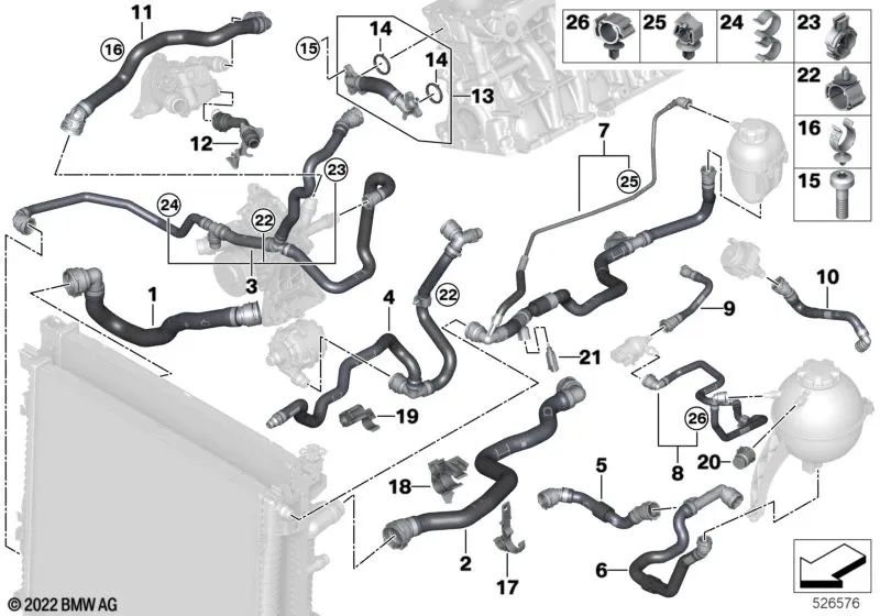 Manguera de refrigerante del radiador para BMW X5 G05N, G18N, X6 G06N, X7 G07N, XM G09 (OEM 17125A8CB49). Original BMW.