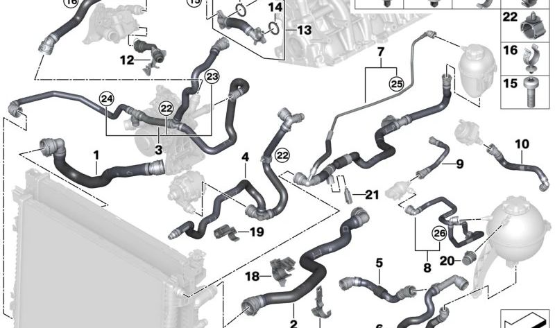 Tubería de refrigerante para intercooler OEM 17129844547 para BMW G05, G06, G09. Original BMW.