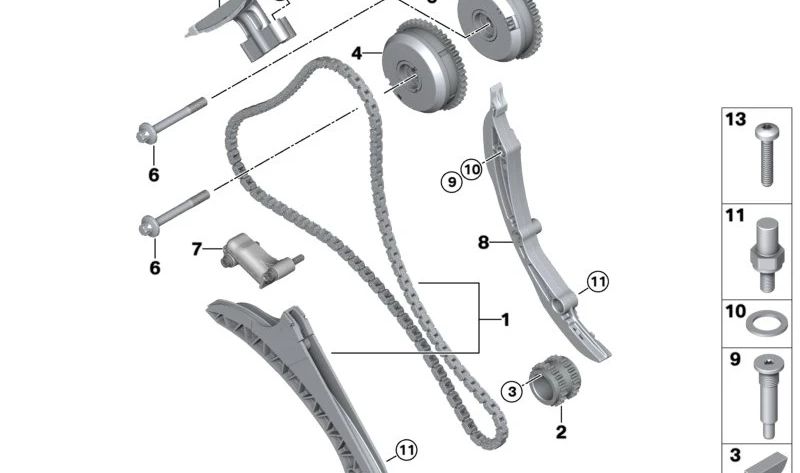 Verteilungskette mit OEM -Tensorführung 11317567500 für BMW F07, F10, F11, F13, F13, F01, F02, F04, E70, E71, E72. Original BMW.